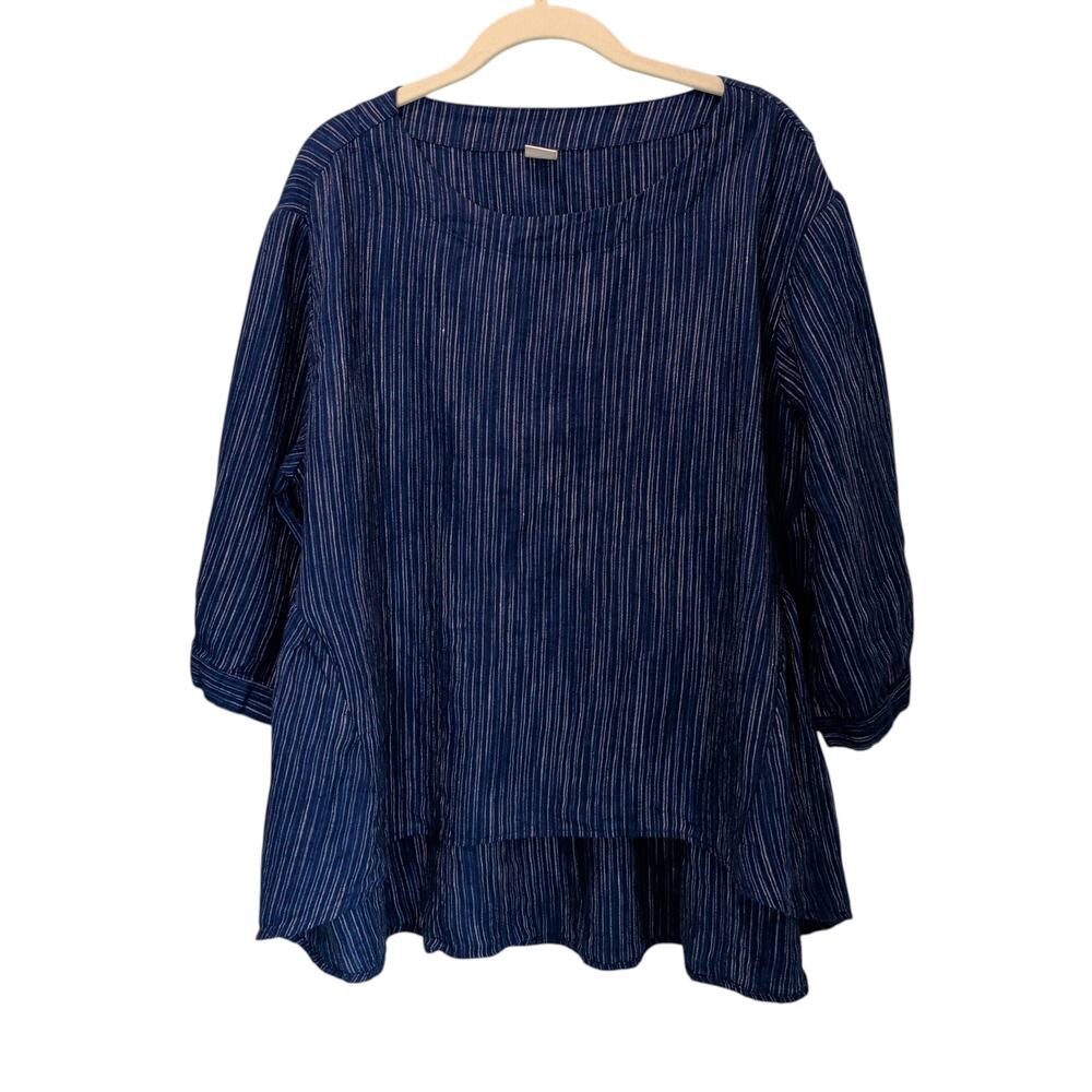 Lintico Womens Sz XL Blue Stripe 100% Linen Swing Top 3/4 Sleeve Lagenlook Flowy